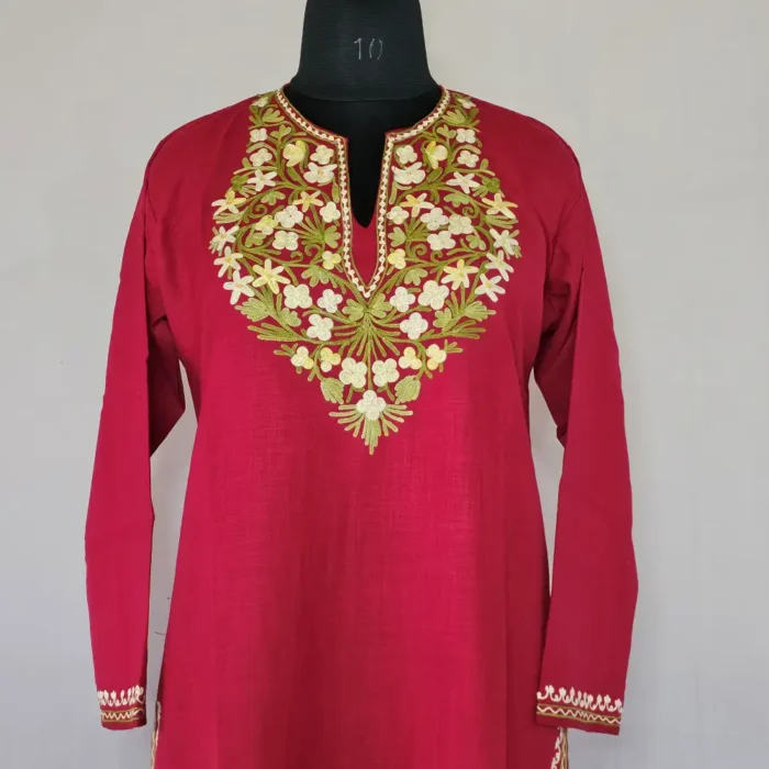 Elegent Long Maroon Kashmiri Ari Embroidered Cotton Kurti - Zohra