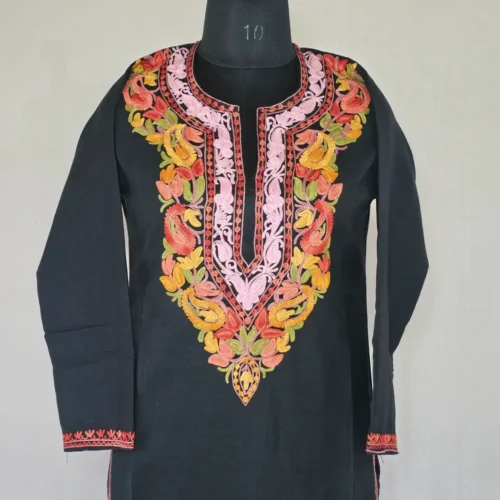 Black Color Long Kashmiri Ari Embroidered Cotton Kurti - Zohra
