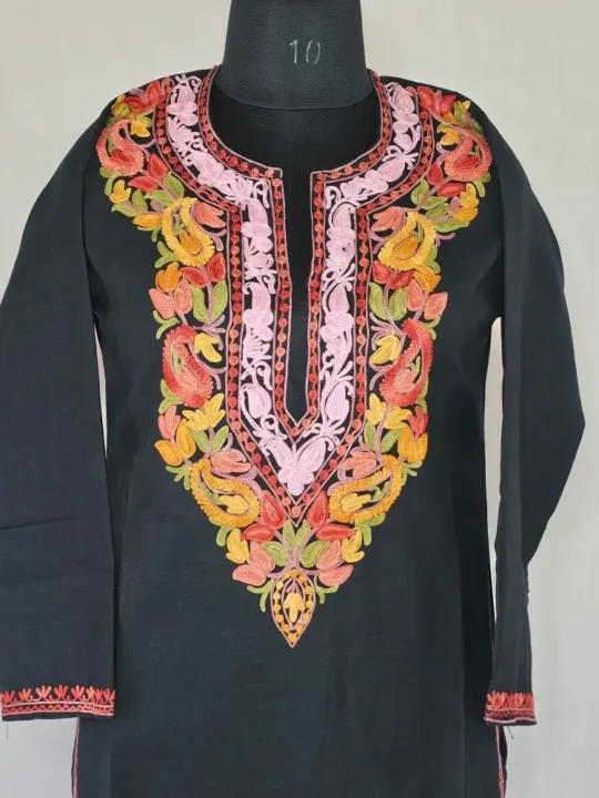 Black Color Long Kashmiri Ari Embroidered Cotton Kurti - Zohra