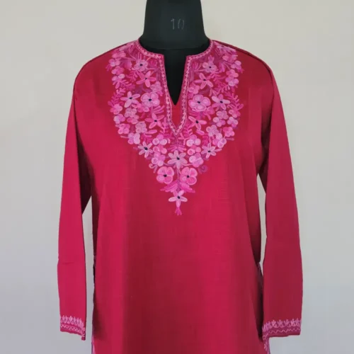 Beautiful Long Kashmiri Ari Embroidered Cotton Kurti in Maroon - Zohra