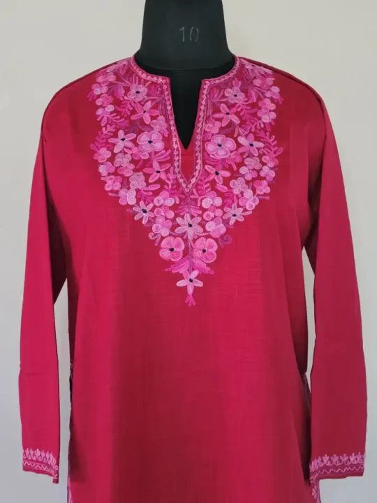 Beautiful Long Kashmiri Ari Embroidered Cotton Kurti in Maroon - Zohra
