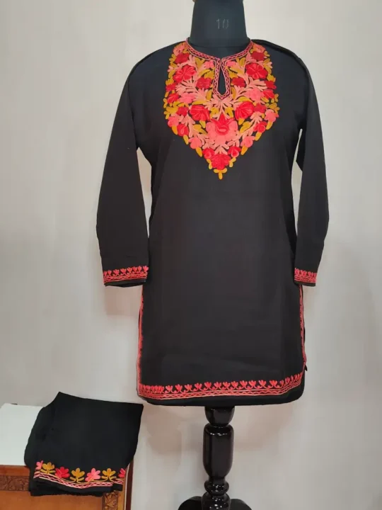 Black Kashmiri Cotton Aari Embroidered Kurti Set for Small Girl