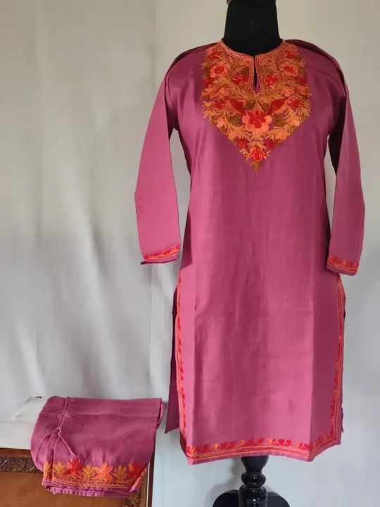 Purple Kashmiri Ruby Cotton Aari Embroidery Kurti Set for Small Girl