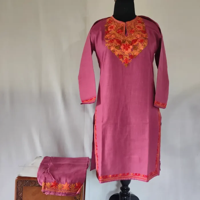 Purple Kashmiri Ruby Cotton Aari Embroidery Kurti Set for Small Girl