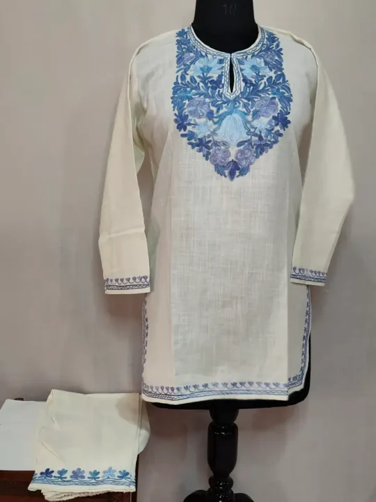 Kashmiri White Cotton Aari Embroidered Kurti Set for Small Girl