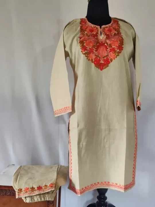 Beige Kashmiri Ruby Cotton Aari Embroidery Kurti Set for Small Girl