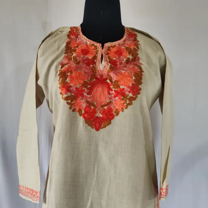 Rizwana Keshir Aari Embroidered Beige Cotton Kurti Set for Teens (14-15 years) - Image 2