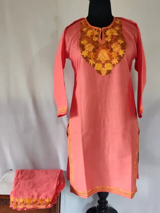 Pink Kashmiri Ruby Cotton Aari Embroidery Kurti Set for Small Girl