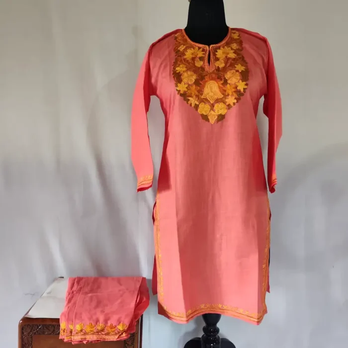 Pink Kashmiri Ruby Cotton Aari Embroidery Kurti Set for Small Girl