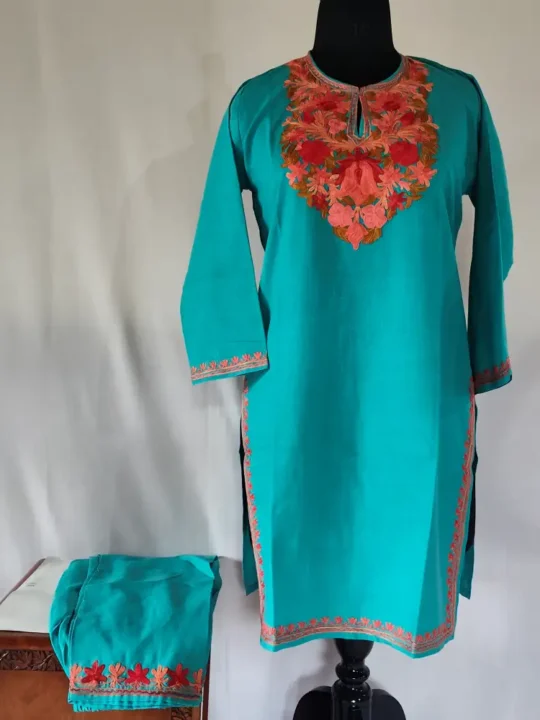 Blue Kashmiri Ruby Cotton Aari Embroidery Kurti Set for Small Girl