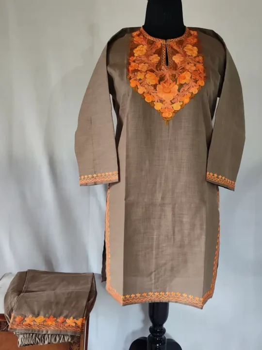 Beige color kashmiri Ruby Cotton Aari Embroidery Kurti Set for Teens