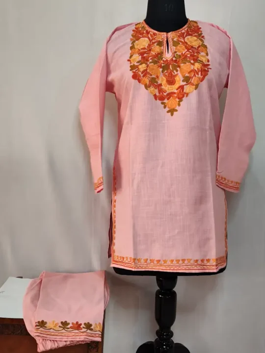 Pink Cotton Aari Work Kurti Set for Teenage Girl