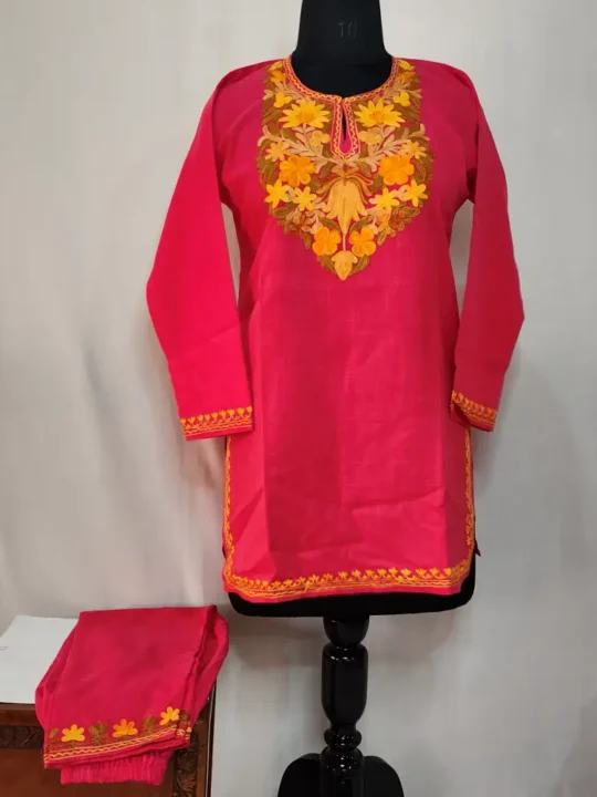 Hot Pink Cotton Aari Work Kurti Set for Teenage Girl