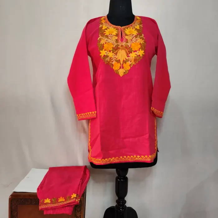 Hot Pink Cotton Aari Work Kurti Set for Teenage Girl
