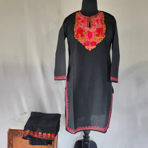 Black color kashmiri Ruby Cotton Aari Embroidery Kurti Set for Teens