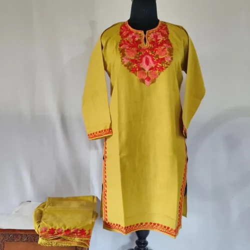Mehndi Green color kashmiri Ruby Cotton Aari Embroidery Kurti Set for Teens