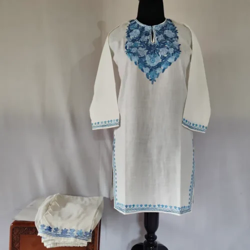 White color kashmiri Ruby Cotton Aari Embroidery Kurti Set for Teens