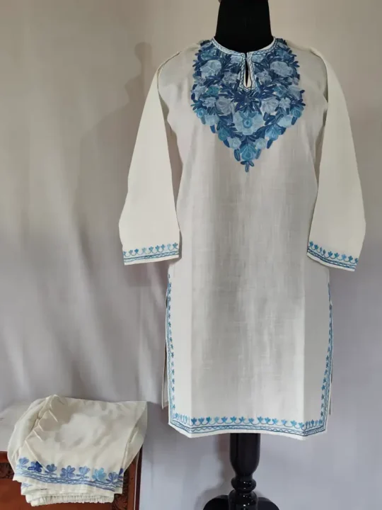 White color kashmiri Ruby Cotton Aari Embroidery Kurti Set for Teens