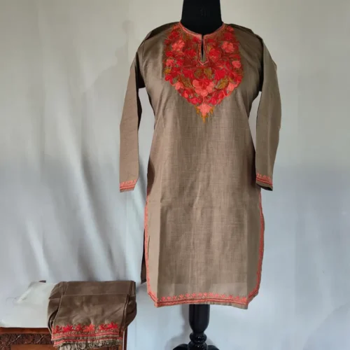 Beige Koshur Cotton Aari Work Kurti Set for Teenage Girl