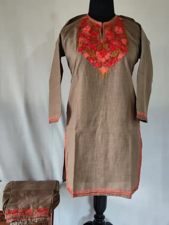 Beige Koshur Cotton Aari Work Kurti Set for Teenage Girl