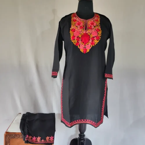 Black Kashmiri Cotton Aari Work Kurti Set for Teenage Girl