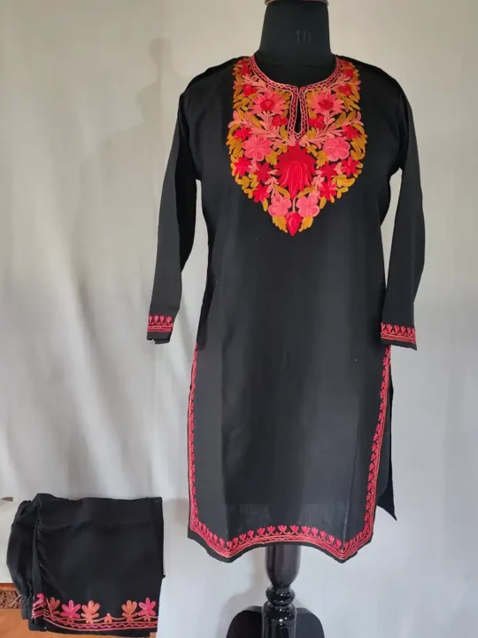 Black Kashmiri Cotton Aari Work Kurti Set for Teenage Girl