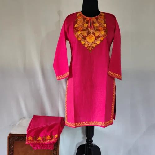 Kashmiri Pink Cotton Aari Work Kurti Set for Teenage Girl