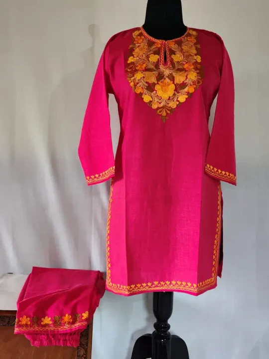Kashmiri Pink Cotton Aari Work Kurti Set for Teenage Girl