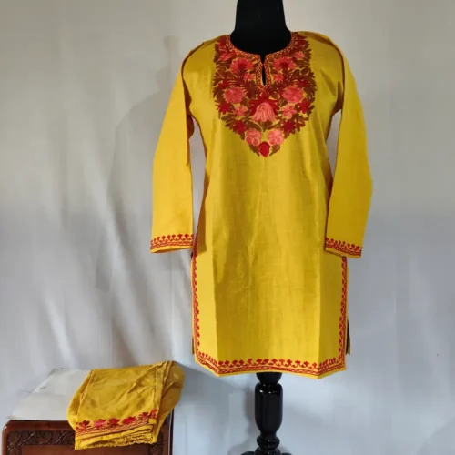 Kashmiri Mustard Color Ruby Cotton Aari Embroidery Kurti Set for Girls