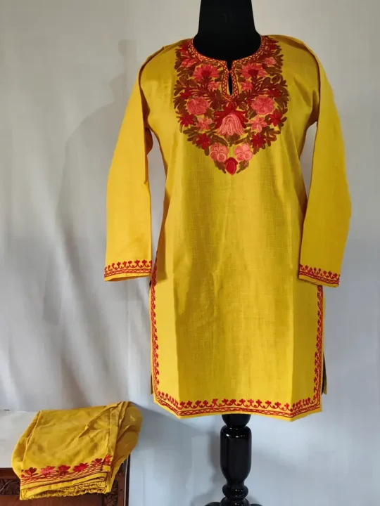 Kashmiri Mustard Color Ruby Cotton Aari Embroidery Kurti Set for Girls