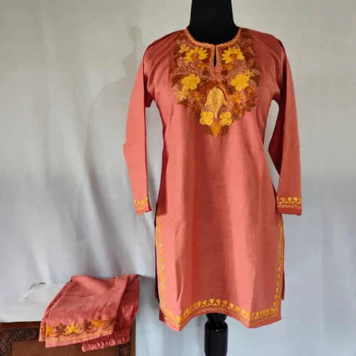 Kashmiri pink Color Ruby Cotton Aari Embroidery Kurti Set for Girls