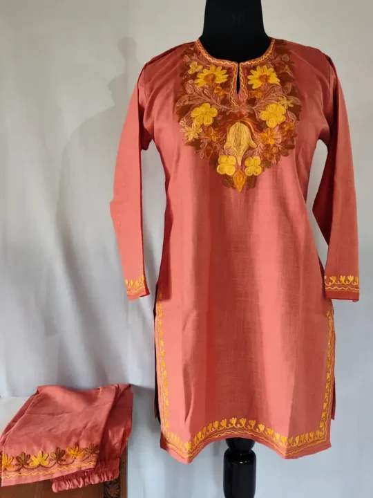 Kashmiri pink Color Ruby Cotton Aari Embroidery Kurti Set for Girls
