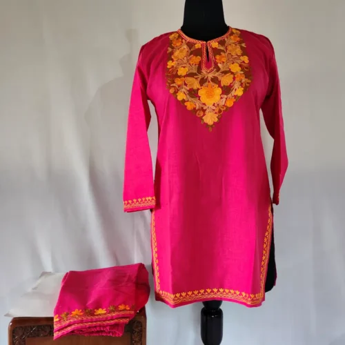 Kashmiri Pink Color Ruby Cotton Aari Embroidery Kurti Set for Girls