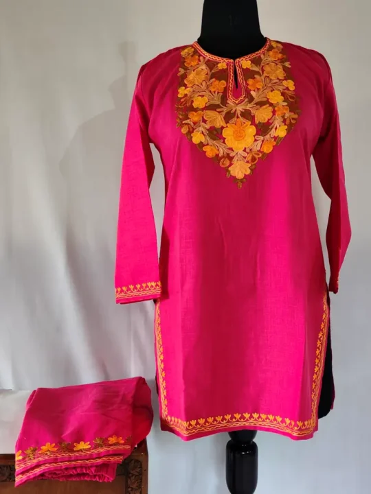Kashmiri Pink Color Ruby Cotton Aari Embroidery Kurti Set for Girls