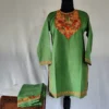 Kashmiri Green Color Ruby Cotton Aari Embroidery Kurti Set for Girls