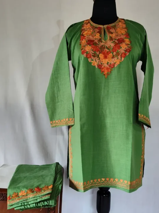 Kashmiri Green Color Ruby Cotton Aari Embroidery Kurti Set for Girls