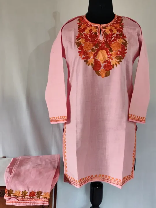 Pink Kashmiri Aari Embroidery Ruby Cotton Kurti Set for Girls