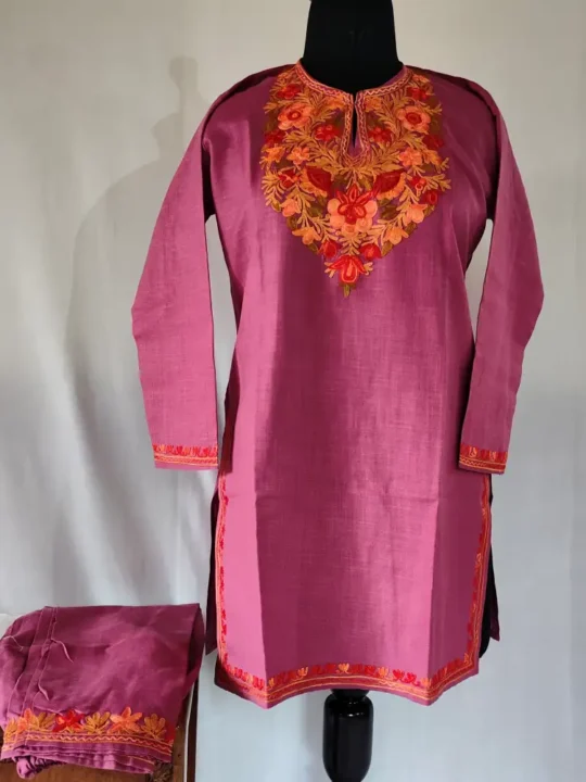 Purple Kashmiri Aari Embroidery Ruby Cotton Kurti Set for Girls