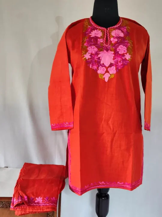 Rustic Orange Kashmiri Aari Embroidery Ruby Cotton Kurti Set for Girls