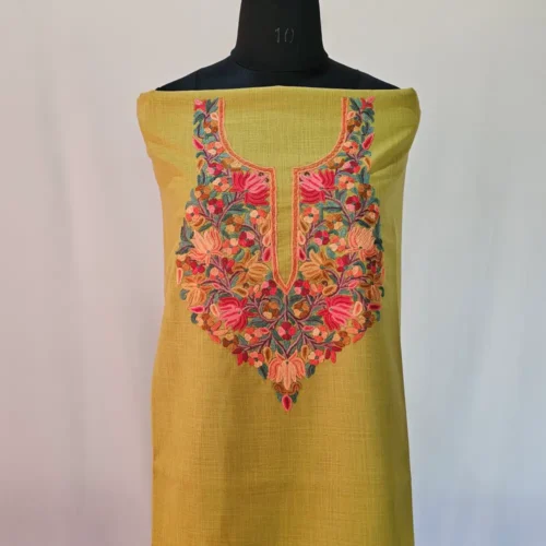 Olive Geen 2PC Kashmiri Ruby Cotton Suit With Hand Aari work- Zohra