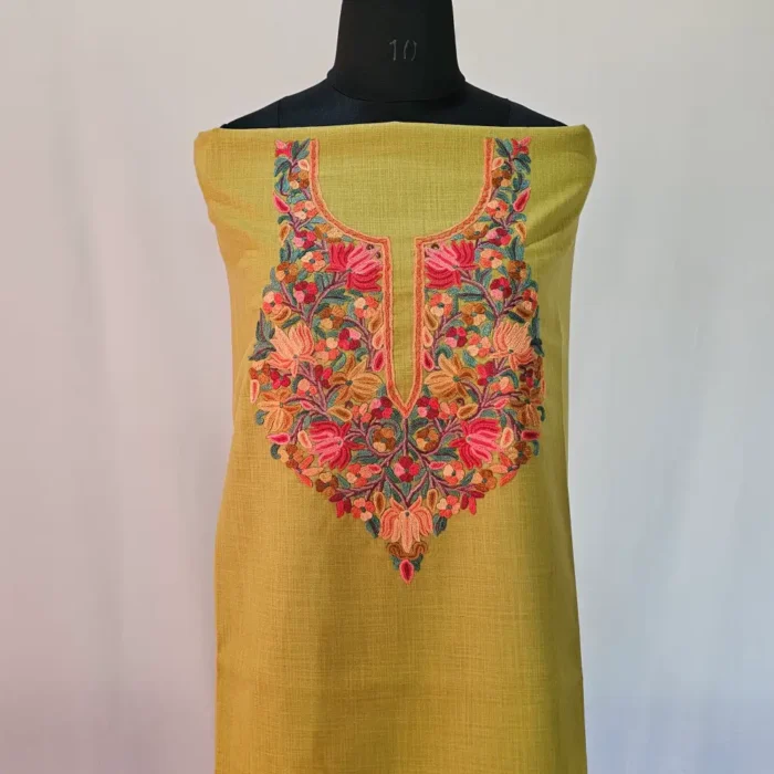Olive Geen 2PC Kashmiri Ruby Cotton Suit With Hand Aari work- Zohra