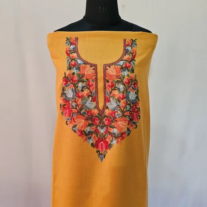 Mustard 2PC Kashmiri Ruby Cotton Suit With Hand Aari work- Zohra