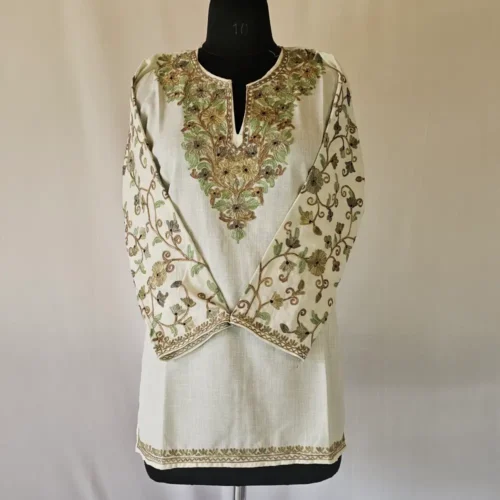 White Short Kashmiri Cotton Kurti With Ari Embroidered Sleeves - Zohra