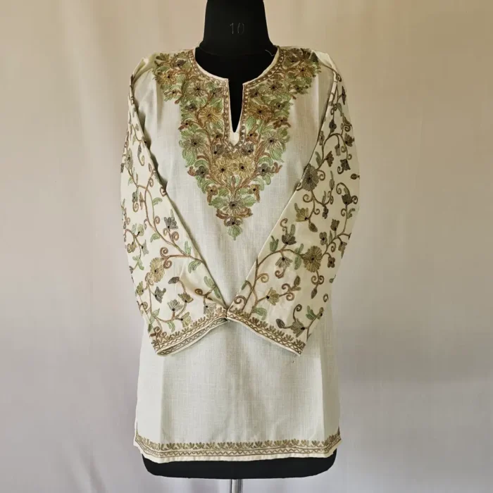 White Short Kashmiri Cotton Kurti With Ari Embroidered Sleeves - Zohra