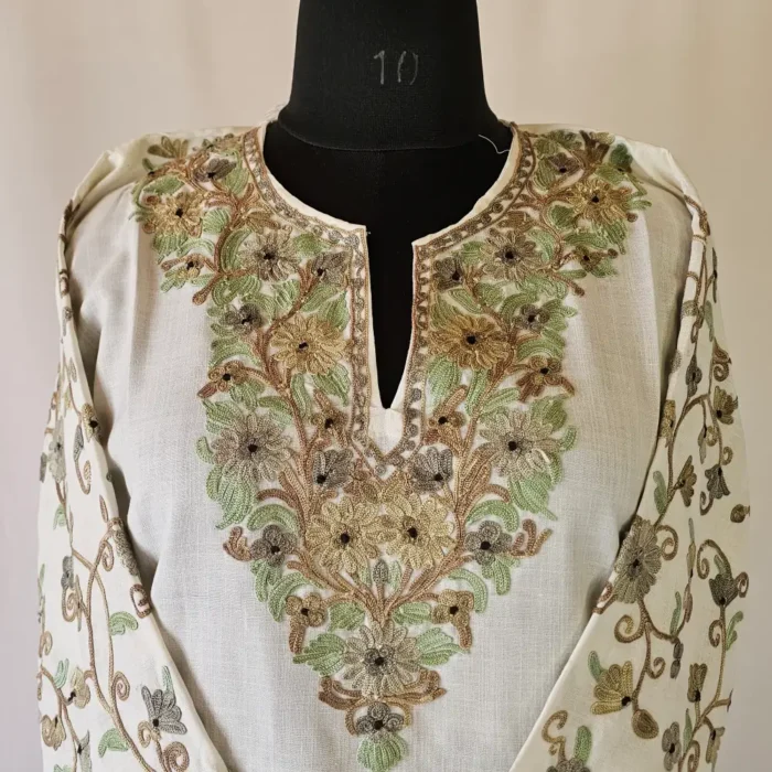 White Short Kashmiri Cotton Kurti With Ari Embroidered Sleeves - Zohra - Image 3