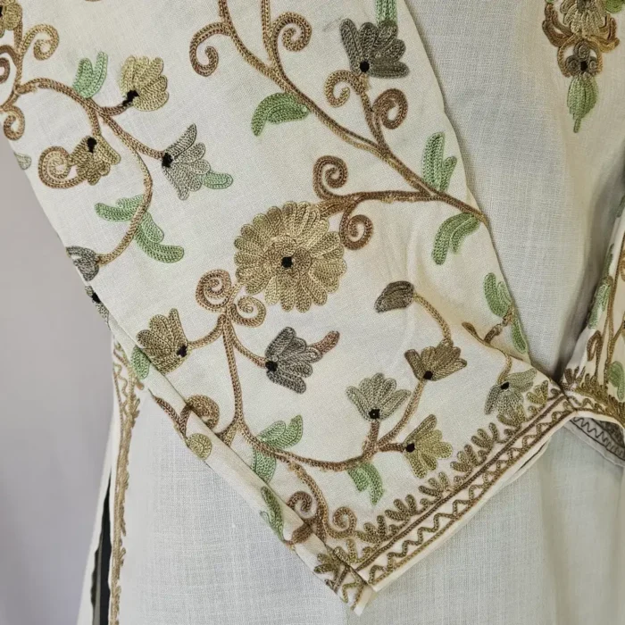 White Short Kashmiri Cotton Kurti With Ari Embroidered Sleeves - Zohra - Image 2