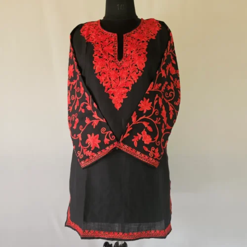Black Short Kashmiri Cotton Kurti With Ari Embroidered Sleeves - Zohra