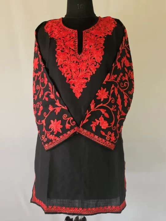 Zohra Black Short Kashmiri Cotton Kurti With Ari Embroidered Sleeves