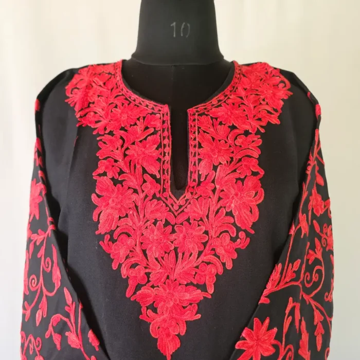 Black Short Kashmiri Cotton Kurti With Ari Embroidered Sleeves - Zohra - Image 2