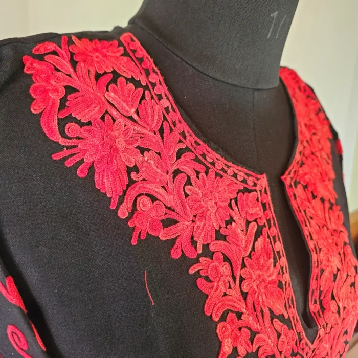 Black Short Kashmiri Cotton Kurti With Ari Embroidered Sleeves - Zohra - Image 3